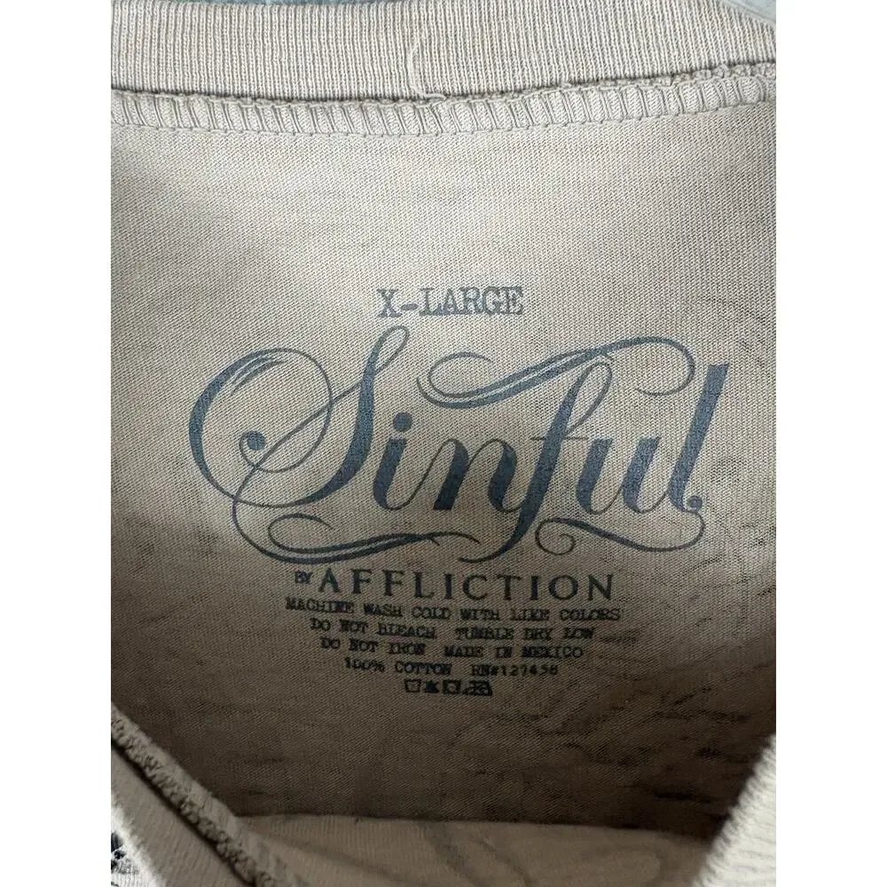 Sinful Affliction Cropped Top Women's XL Beige Thunder Sky Rhinestone Grunge